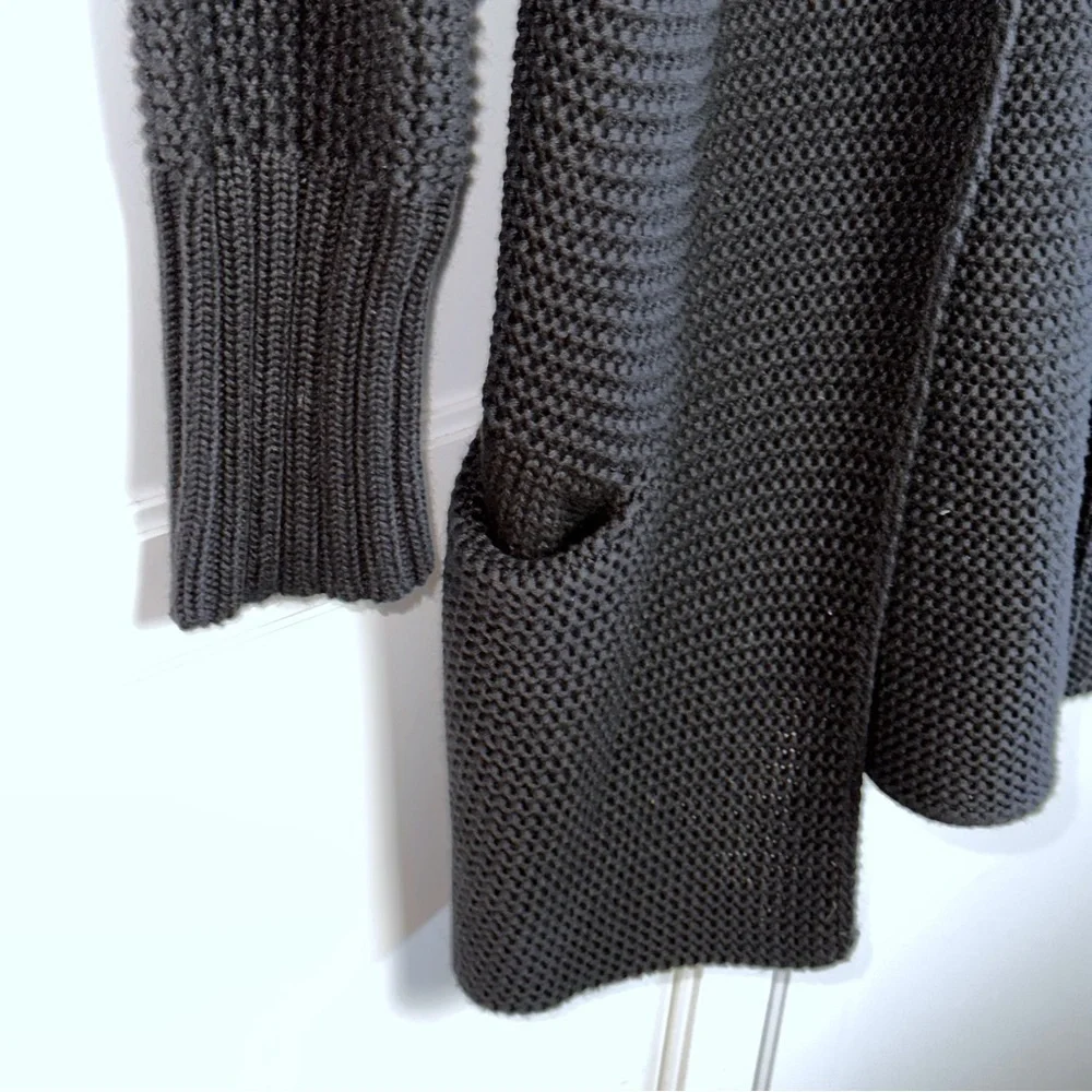 LOFT Black Cotton Cardigan Shawl Collar With Pockets Waffle Weave Knit